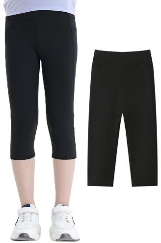 SEAUR Leggings sportivi da bambina, a 3/4, con tasca, tinta unita, stretti, da corsa, 120 – 160 cm