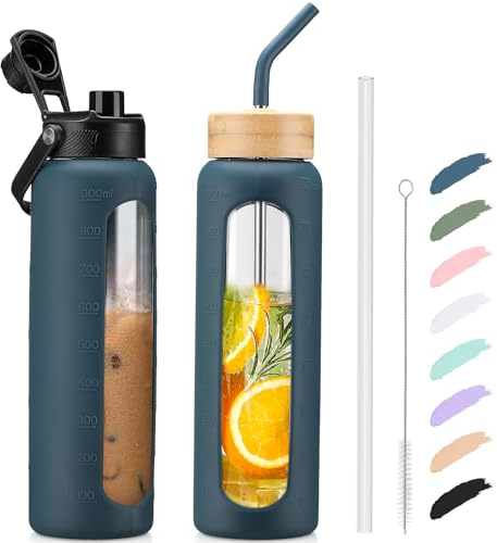 Kodrine 32oz Glass Water Bottle with Straw, Glass Drinking Bottle with 2 lids-Bamboo and Spout Lid, Leakproof Daily Water Intake Bottle with Time Marker for Home,Outdoor Sports, BPA free, Navy Blue