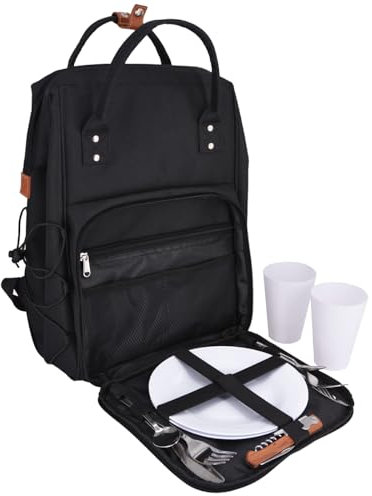 Les Jardins de la Comtesse - Picnic Escapade Backpack - 2 Persons - Black - Complete with Insulated Compartment - Strong and lightweight plates - Many pockets - 31 x 23 x 39 cm