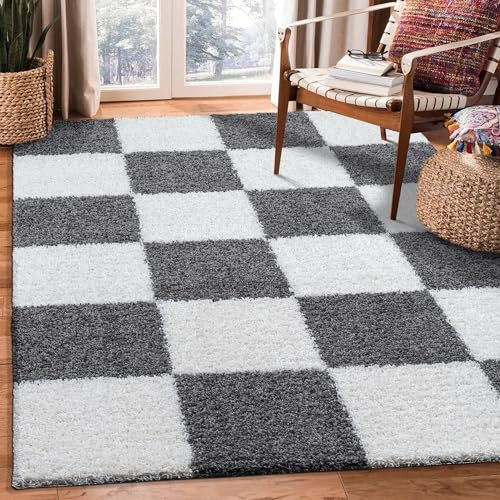 SANAT Milano Shaggy Teppich - Hochflor Teppiche für Wohnzimmer, Schlafzimmer, Küche - Grau Weiss, Größe: 120 x 170 cm