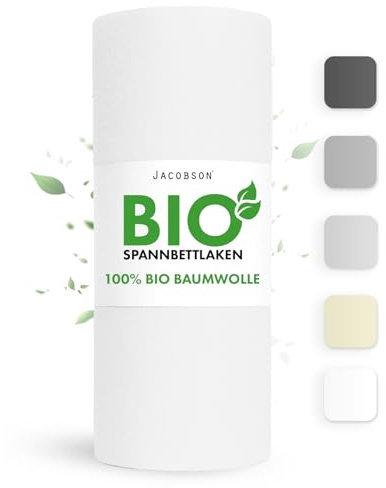 Jacobson Bio Spannbettlaken 180x200cm Baumwolle Spannbettlaken, GOTS zertifiziertes Bettlaken, 160g/m² Jersey Spannbetttuch (180x200, Weiß)