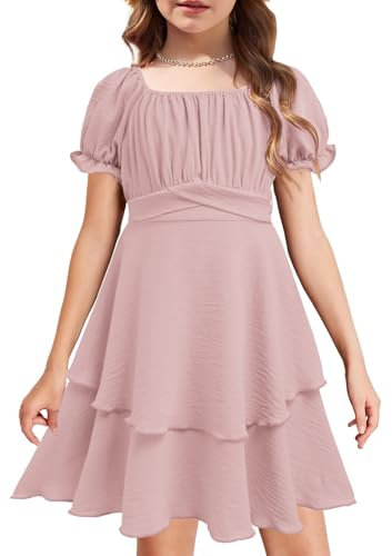 Arshiner Kleid Mädchen Eckiger Kragen Sommerkleider Puffärmel Rüschenkleid Rosa Chiffonkleid Ballkleider Kinder Konfirmationskleider Festkleider mit Gürtel 9-10 Jahre