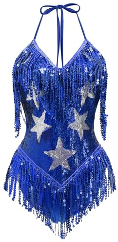 EFOGEP Women's Music Festival Bodysuit: Sexy Halter V Neck Star Sequins Fringe Carnival Rave Outfit Dance Leotard Party Nightclub Halloween Costume Royal Blue S