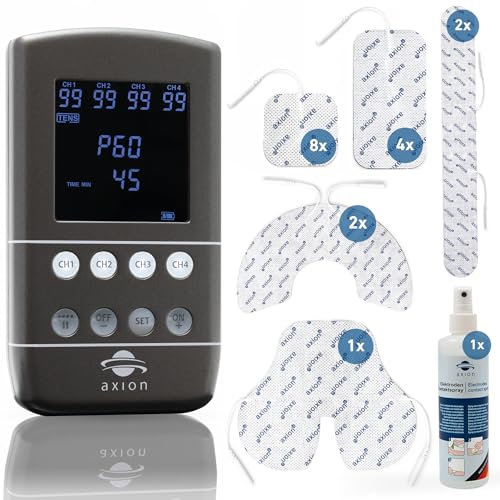 TENS EMS Kombigerät STIM-PRO X9B - 4 Kanäle im Set mit 8 Stk 5x5cm, 4 Stk 10x5cm, Spezial Elektroden-Pads & Kontaktspray - Schmerztherapie, Muskelaufbau & Massage in einem - Medizinprodukt axion