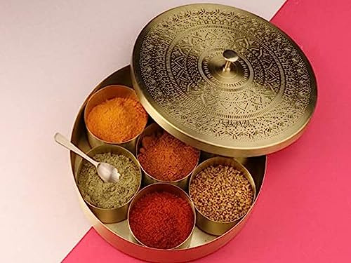 Royal Kurta Pure Brass Masala Box Set with Spoon Container 100 ML - Food Spice Storage Rack Indian Spice Boxes - Mandala 8 Inch (Geometrical)
