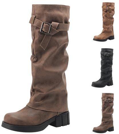 Bottes western pour femme - Bout rond - Bottes hautes pour femme - Bottes de cowboy avec boucle - Bottes longues en daim - Bottes à enfiler - Bottes gothiques punk à plateau