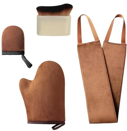 GWAWG 4 Pcs Self Tanning Mitt Set, Fake Tan Applicator Mitt & Back Tanner for Streak-Free Tan, Includes Tanning Glove, Brush & Back Applicator for Even, Smooth Sunless Tanning