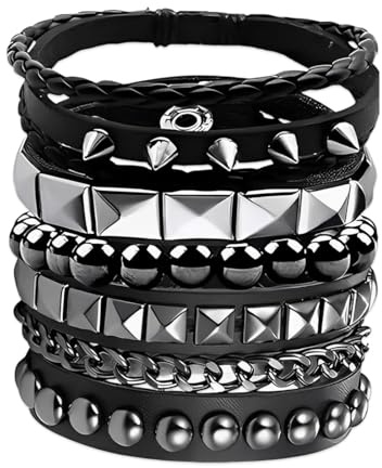 OUDQFCJ Conjunto de 4 Pulseras Punkrock, Punk Emo con Tachuelas, Pulsera de Cuero con Picos, Brazalete de Puño, Gótica de los 80 Ajustable para Hombres y Mujeres, Accesorio Soul para Conciertos