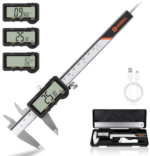 HARDELL Calibrador digital recargable, Pie de Rey Digital de 6 pulgadas con reinicio, herramienta de medición con conversión de mm/pulg/F, apagado automático, micrómetro con pantalla grande