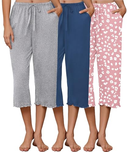 Ekouaer 3 Pack Women Capri Pajama Pants 2026 Ruffle hem Lounge Pants Drawstring Pj Bottoms with Pockets