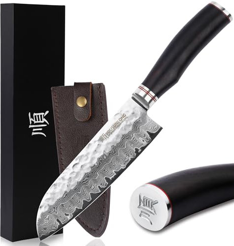 YOUSUNLONG Coltello Santoku - Coltello da cucina, 177 mm - Coltello da chef professionale - Damasco giapponese ad alto tenore di carbonio VG10 - Manico in ebano naturale con fodero in pelle