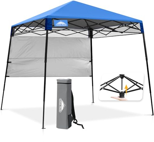 EAGLE PEAK Schräge Beine Faltbar Pavillon 2.4x2.4m Wasserdicht Camping Pop-up Faltpavillon mit Seitenteil, inkl. Rucksack, Blau