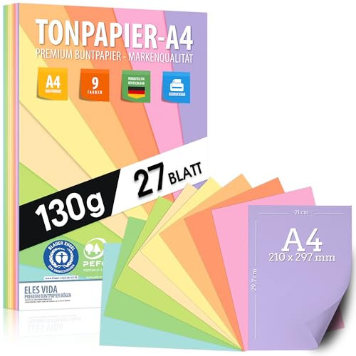 Pastell Tonzeichenpapier DIN A4-27 Blatt– 130 g - 9 Farben – Festes Papier - Farbige Blätter für Schule, Hobby - Kinder, Buntpapier Pastellfarben - BLAUER ENGEL & PEFC zertifiziert - MADE IN GERMANY