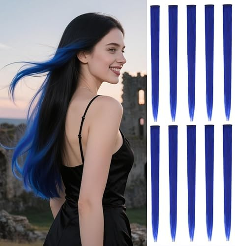 10 Pcs Colored Hair Extensions 22 Inch Colored Clip in Hair Extensions Straight Synthetic Hairpieces for Women and various occasions (Straight,Blue)