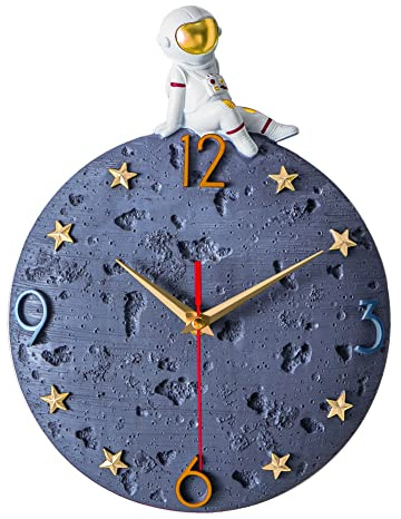 Banllis Space Theme Wall Clock, Astronaut Moon Wall Clock, 12 Inch Grey Modern Silent Clock for Kids Room Nursery Living Room Bedroom Kitchen Decor, for Children Boys and Girls Gift