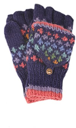Guantes sin dedos de lana para mujer, guantes tejidos a mano, color azul marino, multicolor, talla única, hecho a mano, extra cálido, Pachamama Fair Trade, Navy/Multicolor, talla única