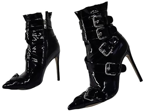 Botines de tacón alto Stiletto, Botines de tacón fino con hebilla sintética negra, Botín de tacón fino, Frankie Hsu Gran Tamaño Nuevo Diseñador de moda sexy Caliente, Zapatos de tacón alto para
