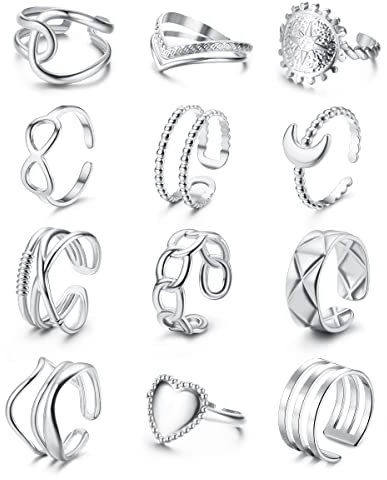 Adramata 12Pcs Ringe für Damen Edelstahl Ring Frauen Einfaches Herz Infinity Ring Offene Verstellbare Ringe Set Stapelbare Coole Punk Fingerring Boho Ringe Gold Silber Daumenring Damen