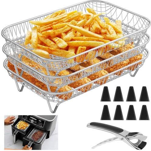 Air Fryer Rack for Ninja Air Fryer 3 Layer Air Fryer Accessories Af300uk Stacking Bacon Racks Rectangular Stainless Steel Dehydrator Rack with 8 Feet 1 Clip for Double Basket Air Fryer Oven