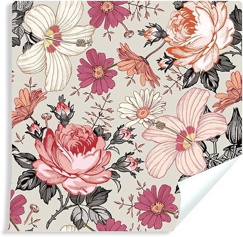TSOPEFI Papier peint floral vintage rose rouge autocollant 40 × 300 cm papier peint floral pour meubles,cuisine,armoire,salon,chambre à coucher,bibliothèque,buanderie,salle de bain (40 × 600 cm)