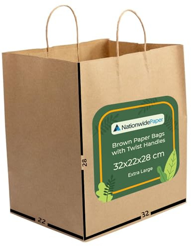 NationwidePaper Lot de 50 sacs en papier marron extra larges pour fête, cadeaux et bonbons avec poignées torsadées solides (32 x 22 x 28 cm)