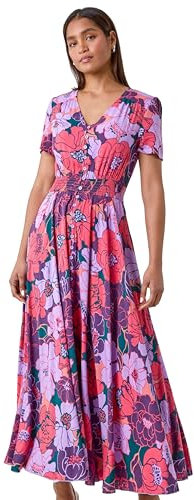 Roman Originals Shirred Empire Waist Dress for Women UK Ladies Midi Maxi Summer Spring Tiered Frill Hem Short Sleeve V Neck Button Through Boho Bohemian Holiday Cruise - Purple Multi - Size 16