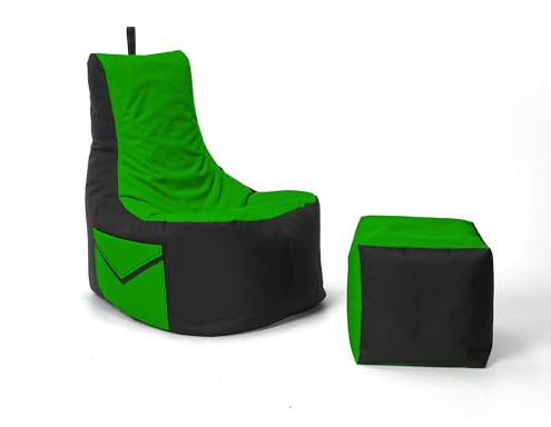 Nadimaideal Gaming Sitzsack XXL mit Hocker für Kinder, Teenager & Erwachsene | Indoor & Outdoor | Bodenkissen - Sessel - Beanbag bereits gefüllt | Füllung EPS Perlen (Grün, Zweifarbig)