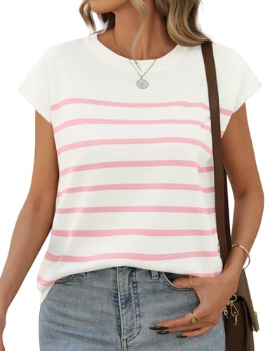 UMIPUBO T-Shirt Femme Été a Manche Courte Rayé À Haut Tee Shirt Décontracté Col Rond Top Chic et Elegant Tunique T-Shirt Classique Blouse Travail Casual (Rose, L)