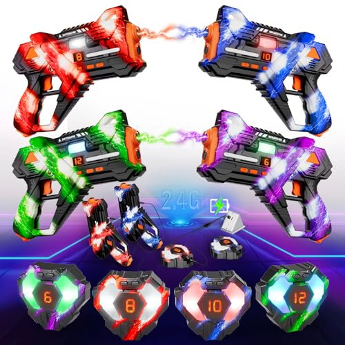 VATOS Wiederaufladbare Laser Tag Guns Set von 4-2.4GHz Data SYNC Display Laser Tag Gun mit Weste 4 Spieler, Infrarot Laser Tag Spiel für drinnen und draußen für Kinder Teen Alter 6-12+ Jahre alt