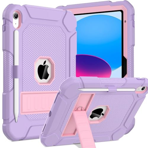 TOPWANT Case for iPad (A16) 11th/10th Generation (11/10.9 inch) 2025/2022, Heavy Duty Shockproof Rugged Protective iPad 11th/10th Generation Case with Kickstand & Pencil Holder, Light Purple+Pink