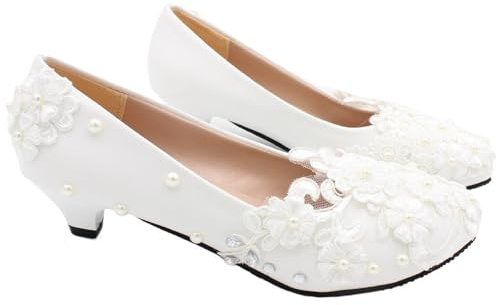 AHUFGN Zapatos De Boda para Mujeres Zapatos de Boda de tacón bajo Decorados con Diamantes de imitación y Encaje, Zapatos de Novia Blancos, Zapatos de Dama de Honor de Talla Grande(42)
