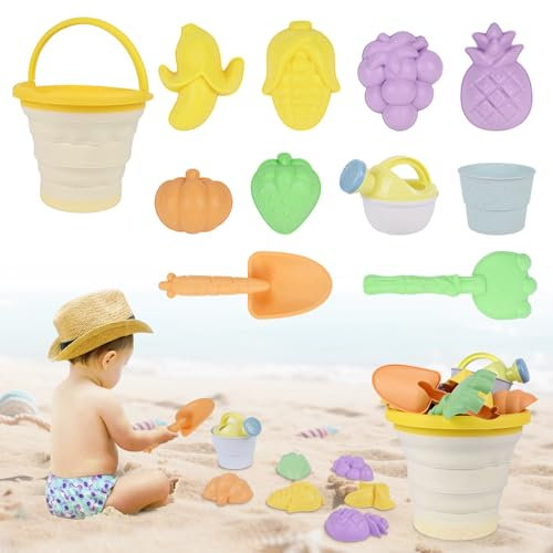 Gerbala Juguetes Playa, 11 Piezas Juguetes de Arena de Playa, Juguetes Playa Bebe con Limón Cubo Playa Plegable, Moldes de Arena y Palas Playa para Niño Niña (Amarillo)