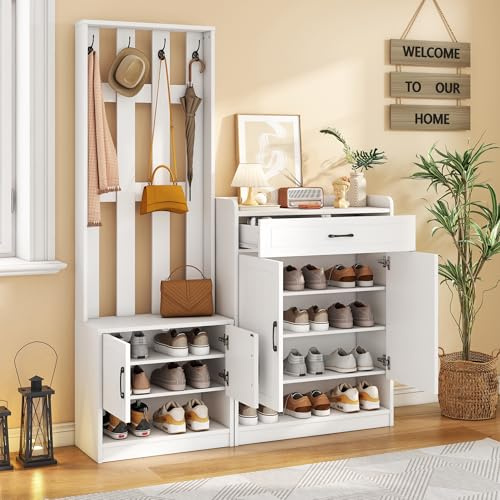 YuQozii Set appendiabiti bianco, 140,6 x 32 x 180 cm, pannello appendiabiti da corridoio + scarpiera, opaco, mobili da corridoio, appendiabiti da corridoio