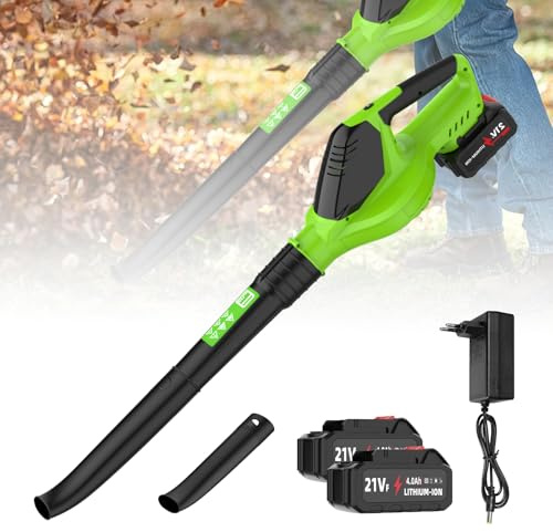 Soffiatore senza fili 21 V - 100 MPH, soffiatore elettrico a batteria, 3000 W, leggero, 5 velocità regolabili, Soffiatore a Batteria, ideale per giardino, prato, pulizia del giardino (due batterie)
