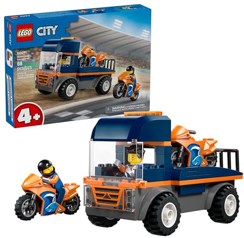 LEGO City Motorcycle Transporter Building Toy for Boys & Girls - Pretend Play Set for Preschool Kids, Ages 4+ - Flatbed Truck Toy W/2 Toy Motorcycles & 2 Minifigures - Gift Idea for Birthdays - 60491