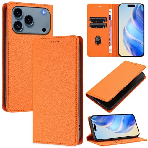 Case for iPhone 17 Pro Max Flip Cover Shockproof Litchi Texture Anti-slip Wallet Case PU Leather Stand Magnetic Closure |RFID Blocking| 3 Card Slots Phone Skin for iPhone 17 Pro Max Cosmic Orange
