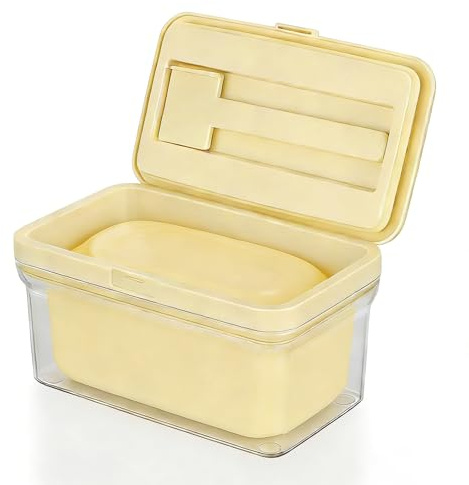Cozary Porta Burro da Frigorifero, Burriera per 500g di burro, Contenitore con coperchio e coltello integrato, Ripiano Porta del Frigorifero, Resistente e Facile da Pulire, 16x10x9cm, Giallo