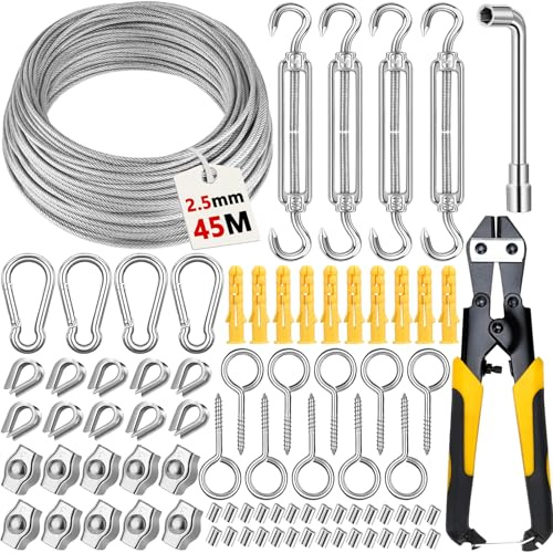 CYJJYZ 45M 2,5mm Cable de Acero Inoxidable recubierto de PVC, Cable Acero Kit, Cuerda de Alambre con Tensor Ojales, Kit de Cuerda de Acero para plantas trepadoras, Toldos, Tendedero, lámpara colgante