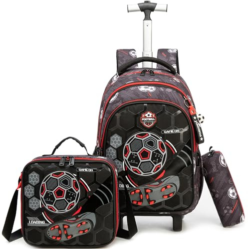HTgroce Mochila Escolar con Ruedas Niño (Fútbol) – Set 3 Piezas con Estuche & Bolsa de Merienda – Mochila Trolley Grande para Primaria & Viaje