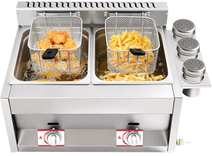 Professionell dubbel gasfrityr 2x6L för restaurang | Frityr med fett och olja, djupfrityr för pommes & kyckling | Frityr med avloppskran, Perfekt som pommesmaskin och fettfrityr