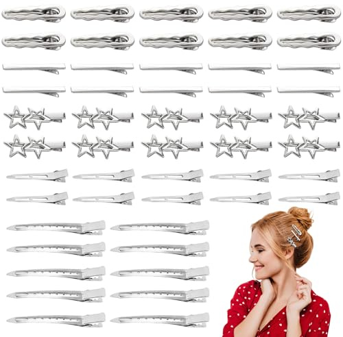 50 Pezzi Set di fermagli per capelli in metallo, 5 Stile Fermagli per capelli piatti a becco d'anatra in metallo con coccodrillo, Mollette da parrucchiere per Ragazze Stampo per colata DIY (Argento)