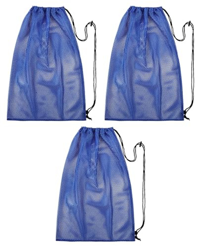Thhiit 3 Pcs Mesh Drawstring Bag, 48 X 68cm Large Blue Net Storage Ball Bags for Football Swimming Tennis Golf