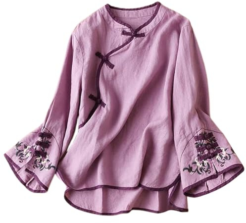 Eauptffy Blusas chinas de manga larga para mujer, traje tradicional tang, bordado de gran tamaño, blusa de lino elegante, cuello en V, camiseta de manga larga, blusa vintage, blusa de camisa con
