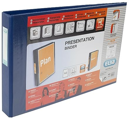 Elba A3 4 D-Ring Binder, PVC-Covered Presentation Folder with Customisable Cover, 55 mm Spine, 30 mm Capacity, Landscape, Blue, Single