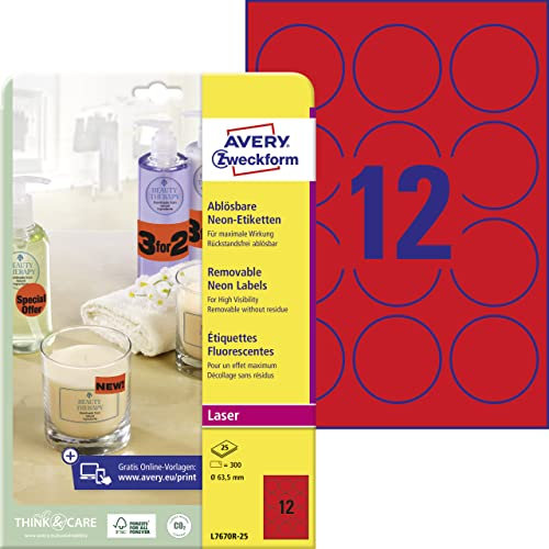 AVERY Zweckform L7670R-25 leuchtend neonrote Etiketten (300 runde Aufkleber, Ø63,5mm auf A4, selbstklebend, bedruckbar, wiederablösbar, farbige Klebeetiketten zum auffälligen Kennzeichnen) 25 Blatt
