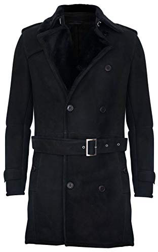 Infinity Leather Herren German Military Grau Zweireiher Echtes Schaffell Wildleder Erbsenmantel L