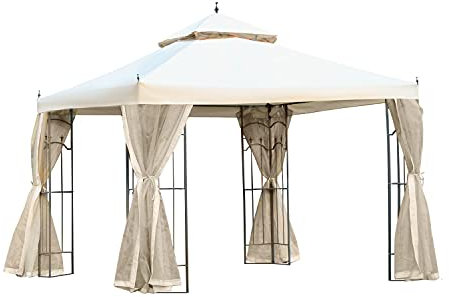 Outsunny 3(M) x3(M) Garden Gazebo Double Top Outdoor Canopy Patio Event Party Wedding Tent Backyard Sun Shade with Netting - Cream White