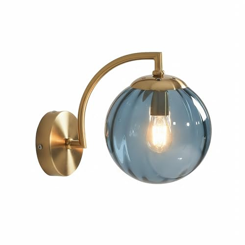 LFsem Aplique de Pared Vintage Esfera de Cristal de 15cm y Base Dorada |Interior Lámpara de Pared E27 para Dormitorio, Baño y Pasillo (Azul)
