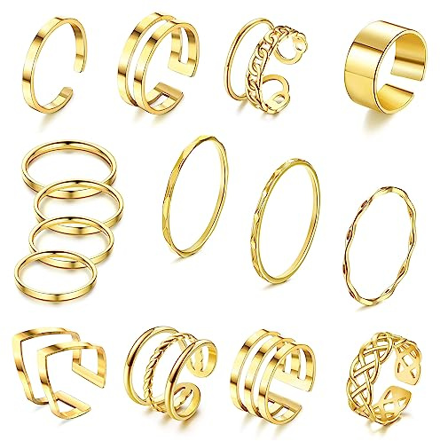 JeweBella 15-teiliges Damen Ringe Set - Edelstahl, Silber/Gold, Offene Ringe, Stapelbar, Minimalistisch
