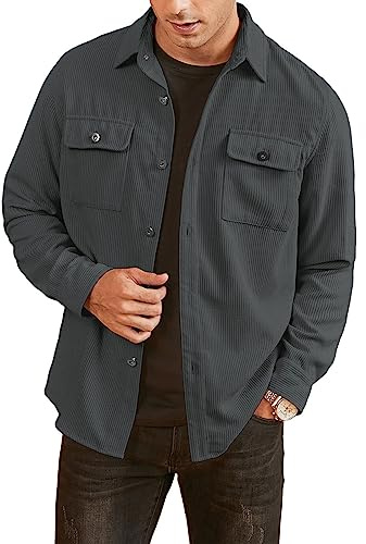 Elegancity Men's Corduroy Shirts Casual Long Sleeve Button Down Trucker Jacket Autumn Winter Coats with Pockets (Grey, X-Large)